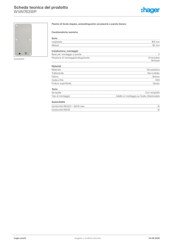 Immagine Hager Scheda tecnica del prodotto WVA1762WP | Hager Italia