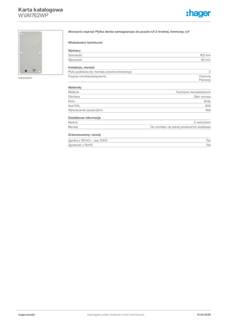 Zdjęcie Hager Karta katalogowa WVA1762WP | Hager Polska