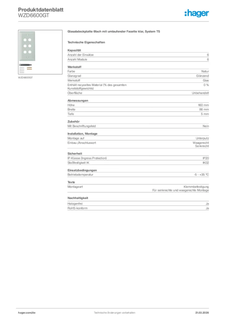 Bild Hager Produktdatenblatt WZD6600GT | Hager Deutschland