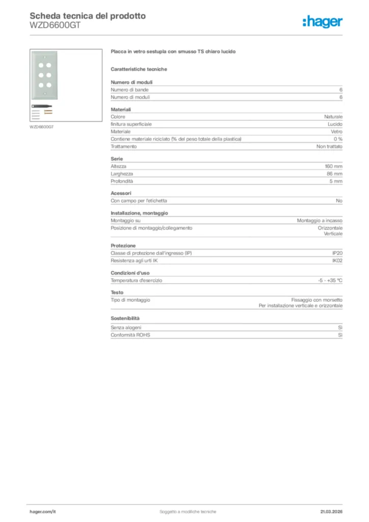 Immagine Hager Scheda tecnica del prodotto WZD6600GT | Hager Italia