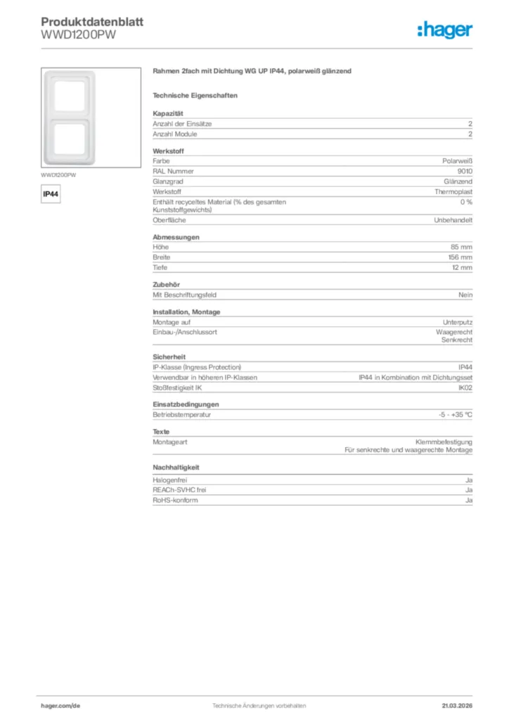 Bild Hager Produktdatenblatt WWD1200PW | Hager Deutschland