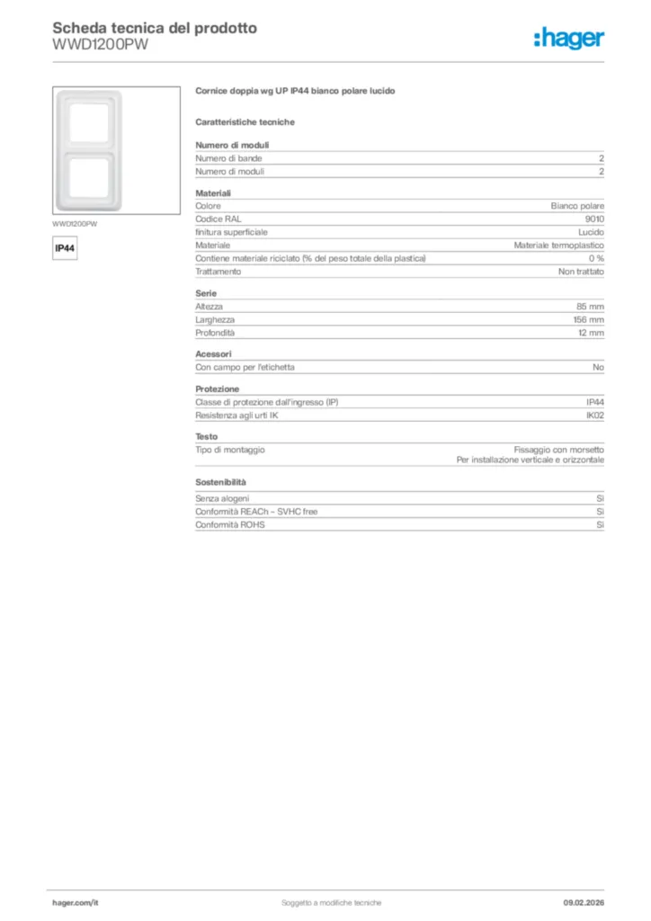 Immagine Hager Scheda tecnica del prodotto WWD1200PW | Hager Italia