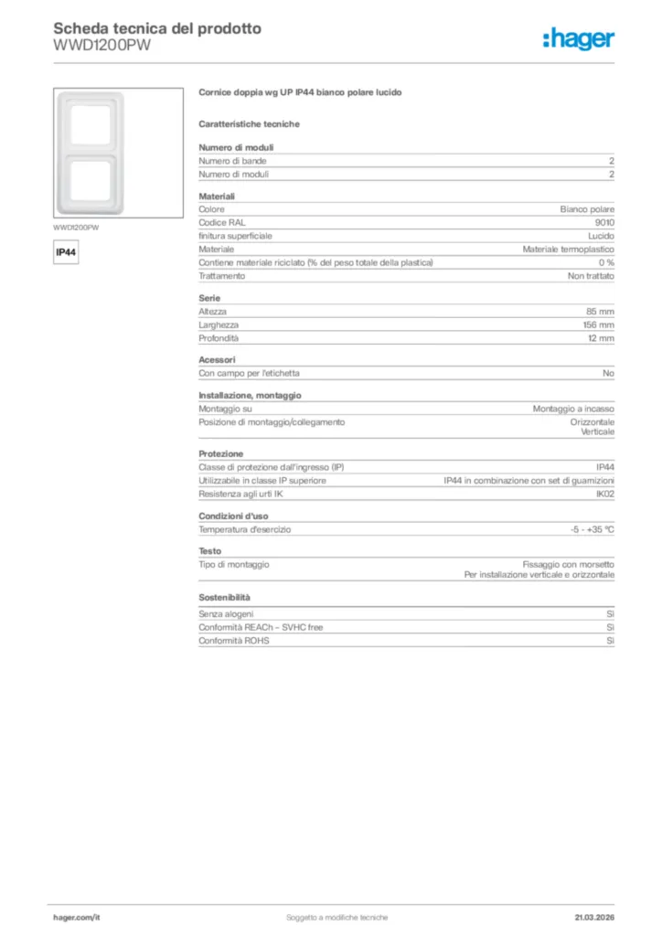 Immagine Hager Scheda tecnica del prodotto WWD1200PW | Hager Italia