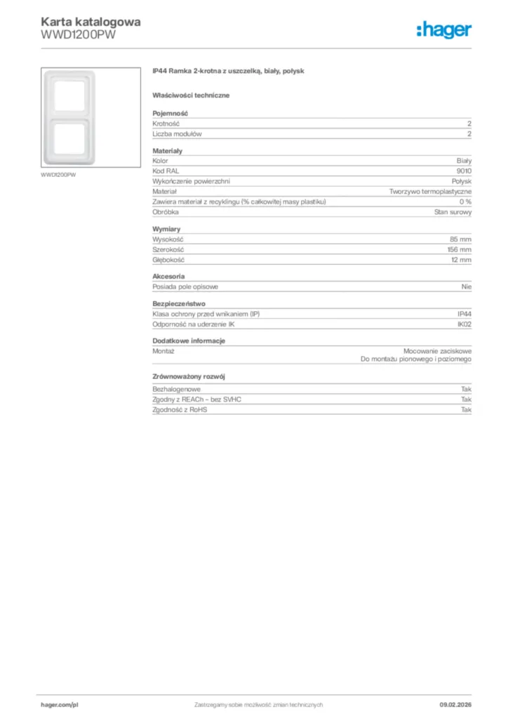 Zdjęcie Hager Karta katalogowa WWD1200PW | Hager Polska