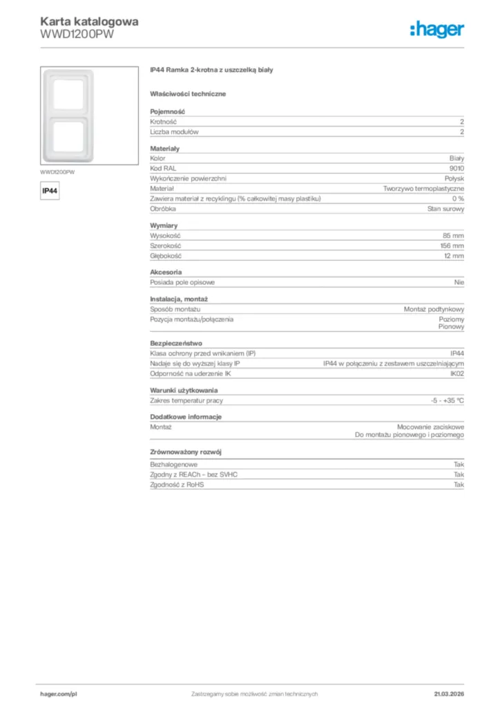 Zdjęcie Hager Karta katalogowa WWD1200PW | Hager Polska
