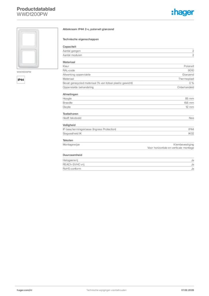 Afbeelding Hager Productdatablad WWD1200PW | Hager Nederland