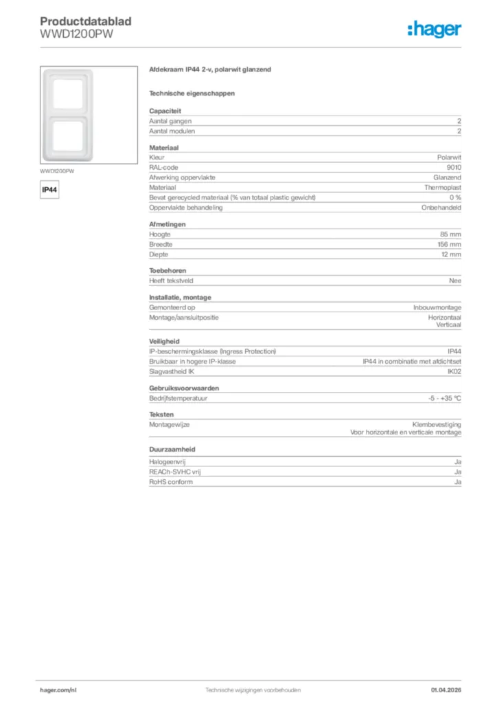 Afbeelding Hager Productdatablad WWD1200PW | Hager Nederland