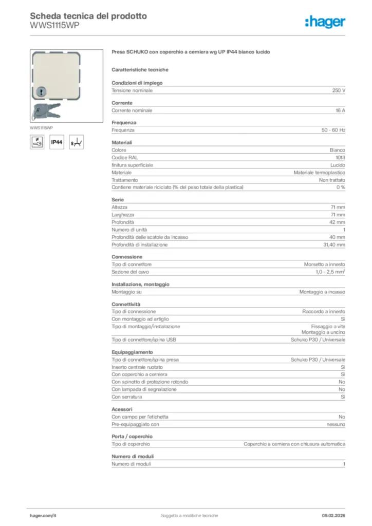 Immagine Hager Scheda tecnica del prodotto WWS1115WP | Hager Italia