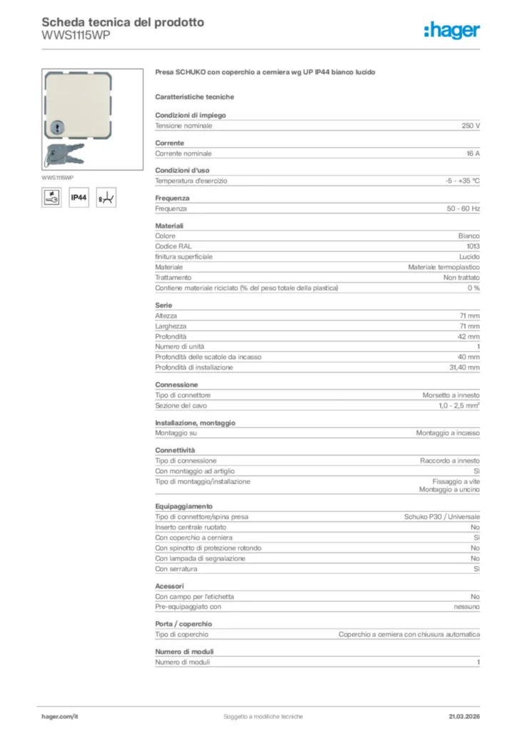 Immagine Hager Scheda tecnica del prodotto WWS1115WP | Hager Italia