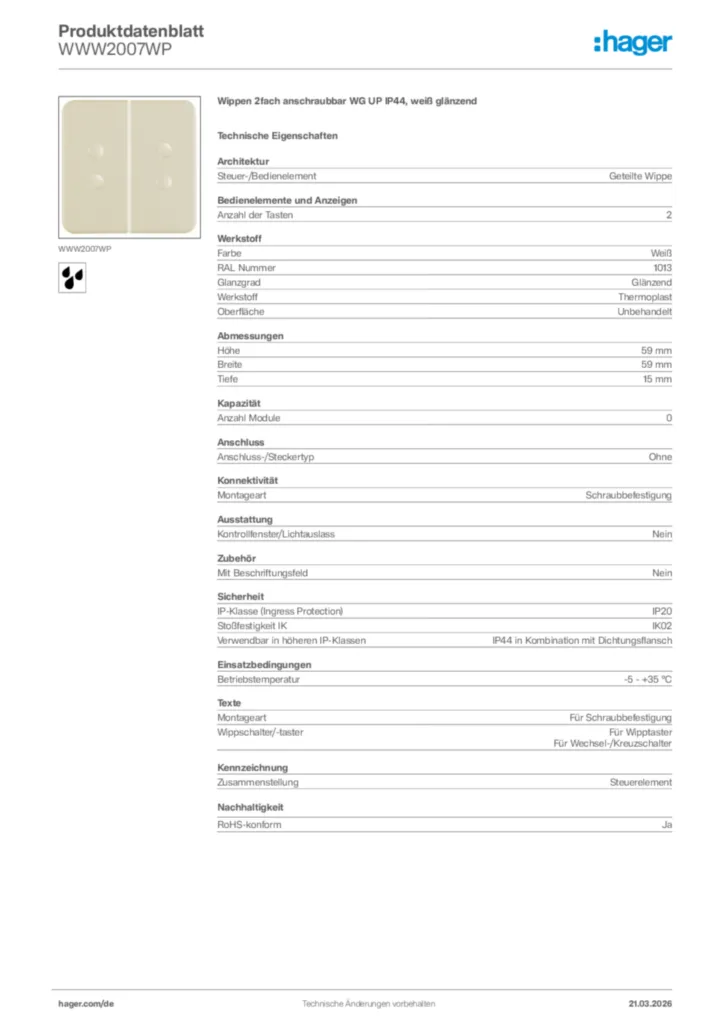 Bild Hager Produktdatenblatt WWW2007WP | Hager Deutschland
