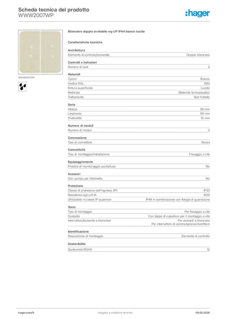 Immagine Hager Scheda tecnica del prodotto WWW2007WP | Hager Italia