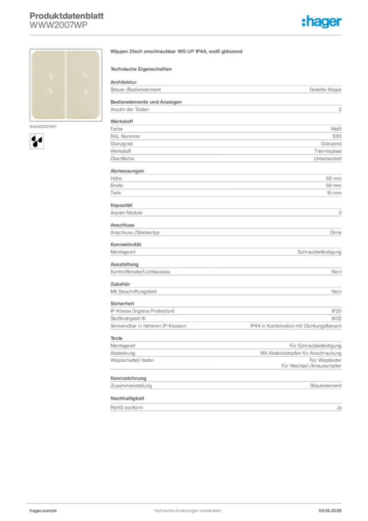 Bild Hager Produktdatenblatt WWW2007WP | Hager Deutschland