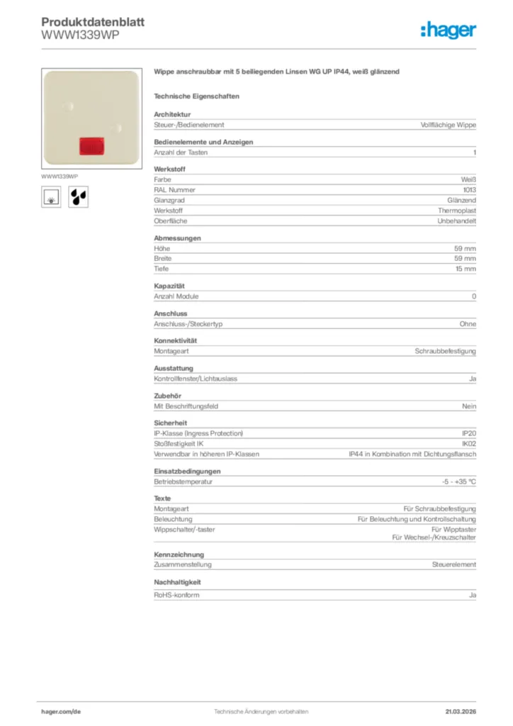 Bild Hager Produktdatenblatt WWW1339WP | Hager Deutschland