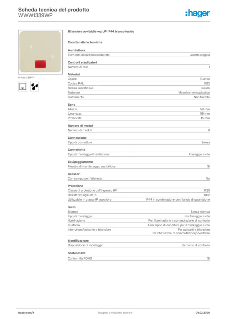 Immagine Hager Scheda tecnica del prodotto WWW1339WP | Hager Italia