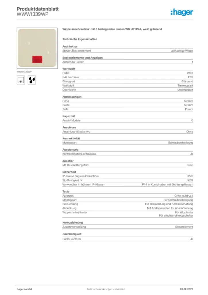 Bild Hager Produktdatenblatt WWW1339WP | Hager Deutschland