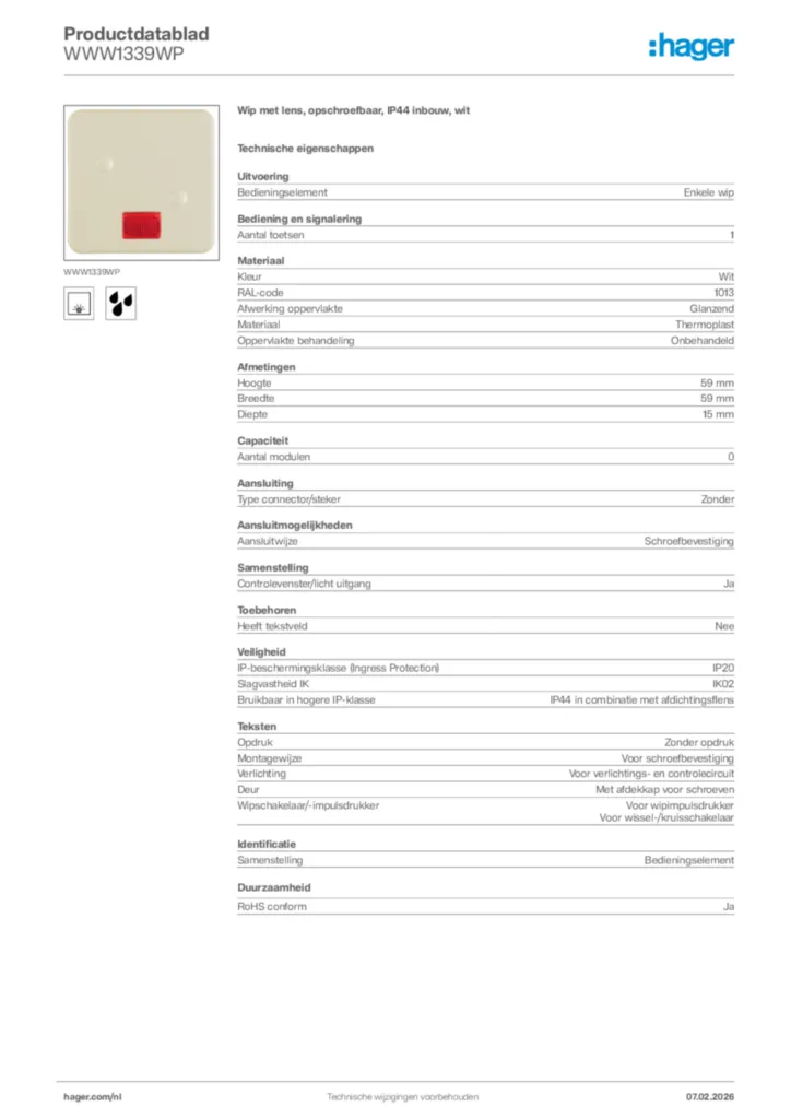 Afbeelding Hager Productdatablad WWW1339WP | Hager Nederland