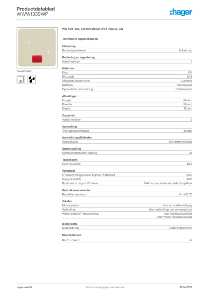 Afbeelding Hager Productdatablad WWW1339WP | Hager Nederland