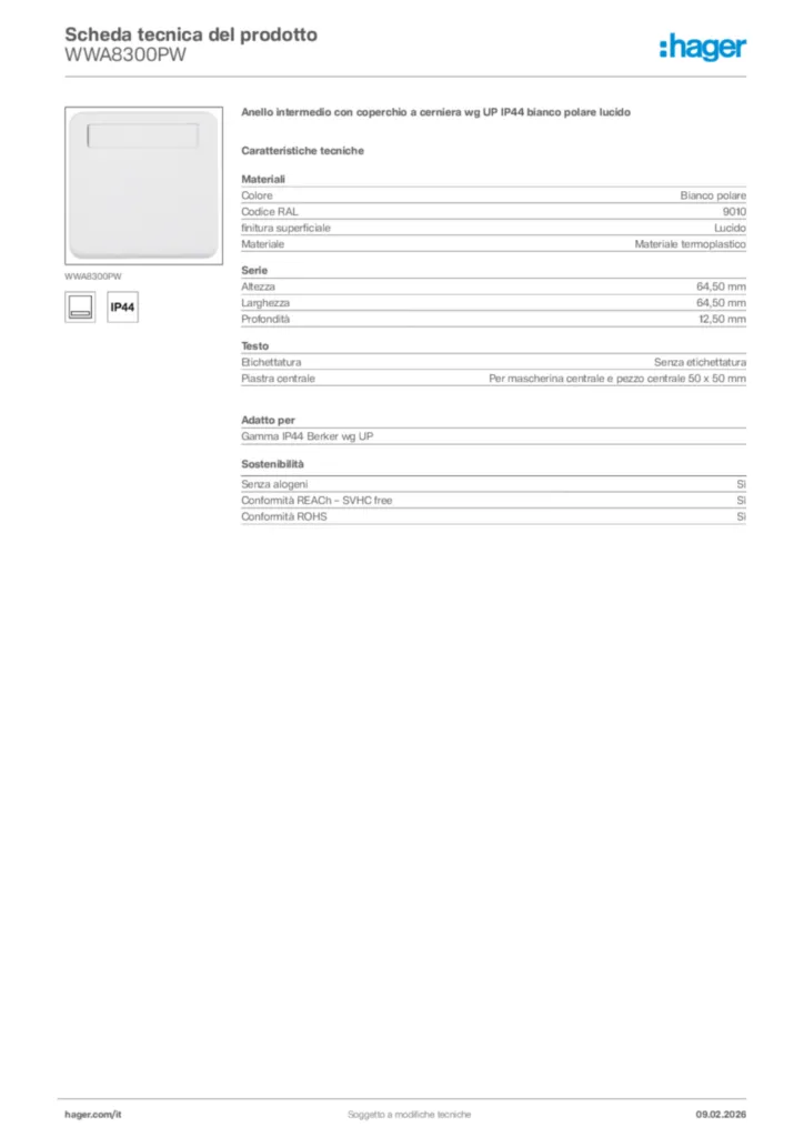 Immagine Hager Scheda tecnica del prodotto WWA8300PW | Hager Italia