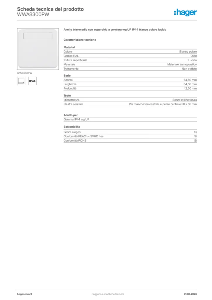 Immagine Hager Scheda tecnica del prodotto WWA8300PW | Hager Italia