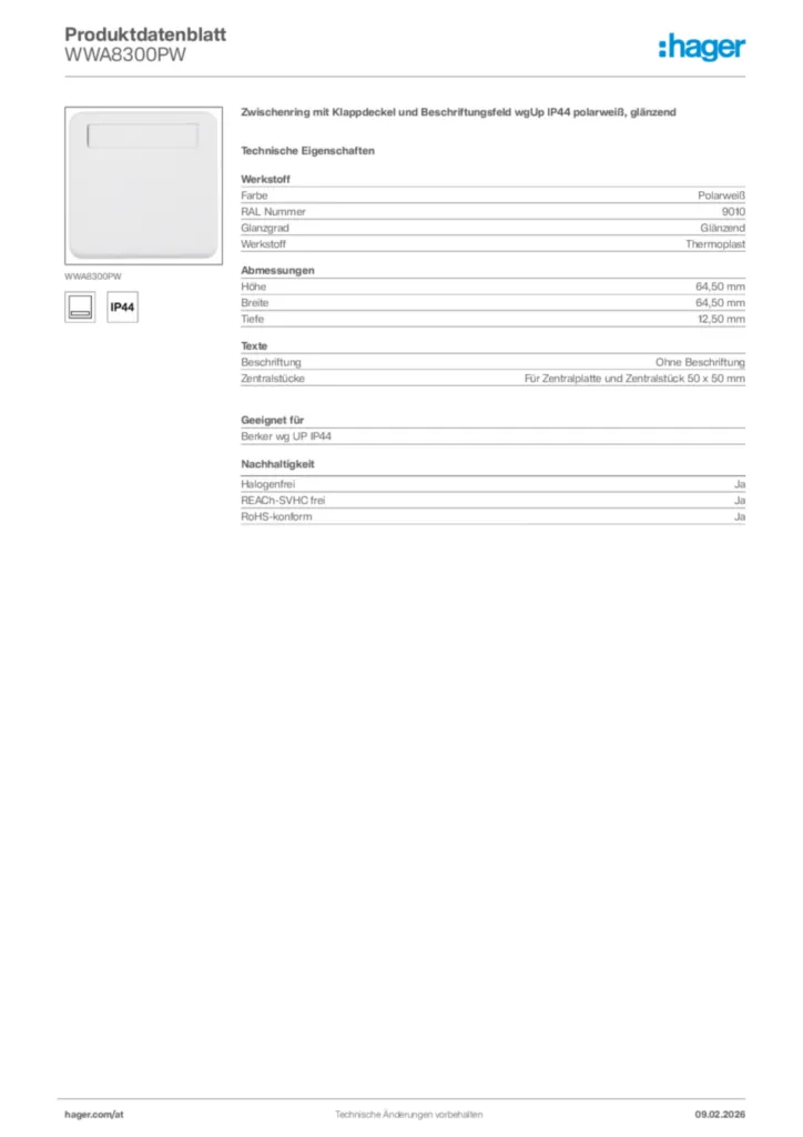 Bild Hager Produktdatenblatt WWA8300PW | Hager Deutschland