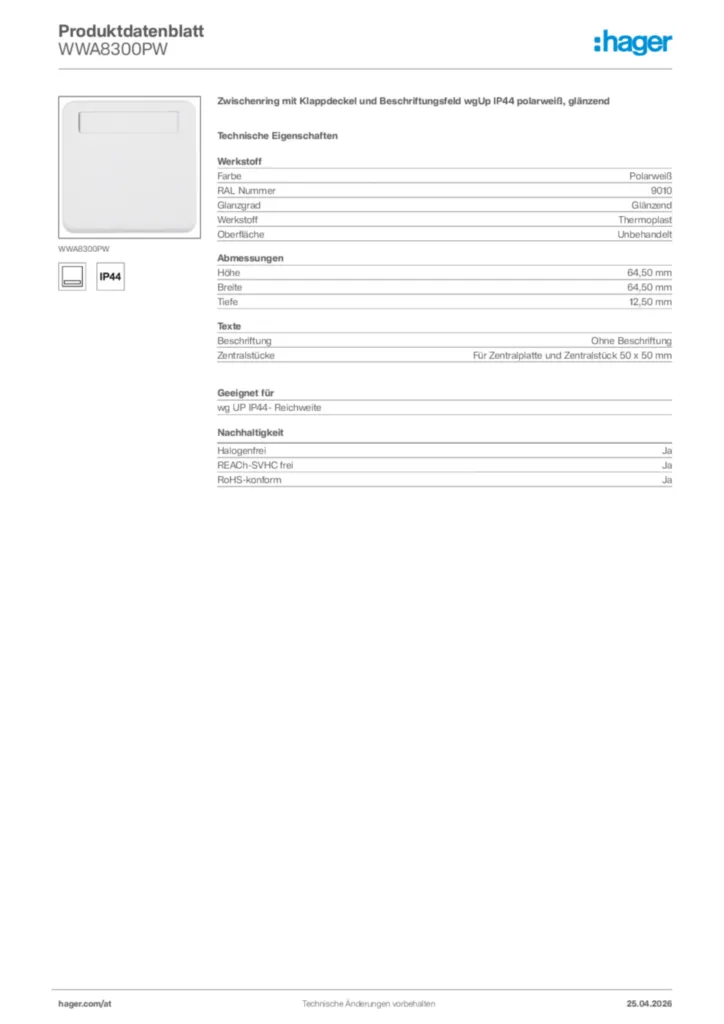 Bild Hager Produktdatenblatt WWA8300PW | Hager Deutschland