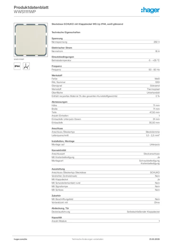 Bild Hager Produktdatenblatt WWS1111WP | Hager Deutschland
