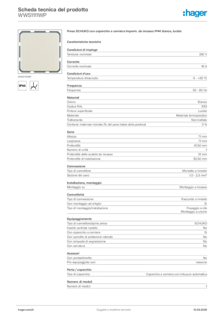 Immagine Hager Scheda tecnica del prodotto WWS1111WP | Hager Italia