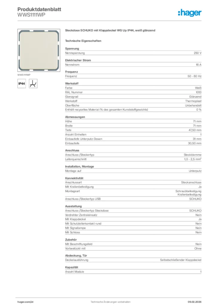 Bild Hager Produktdatenblatt WWS1111WP | Hager Deutschland