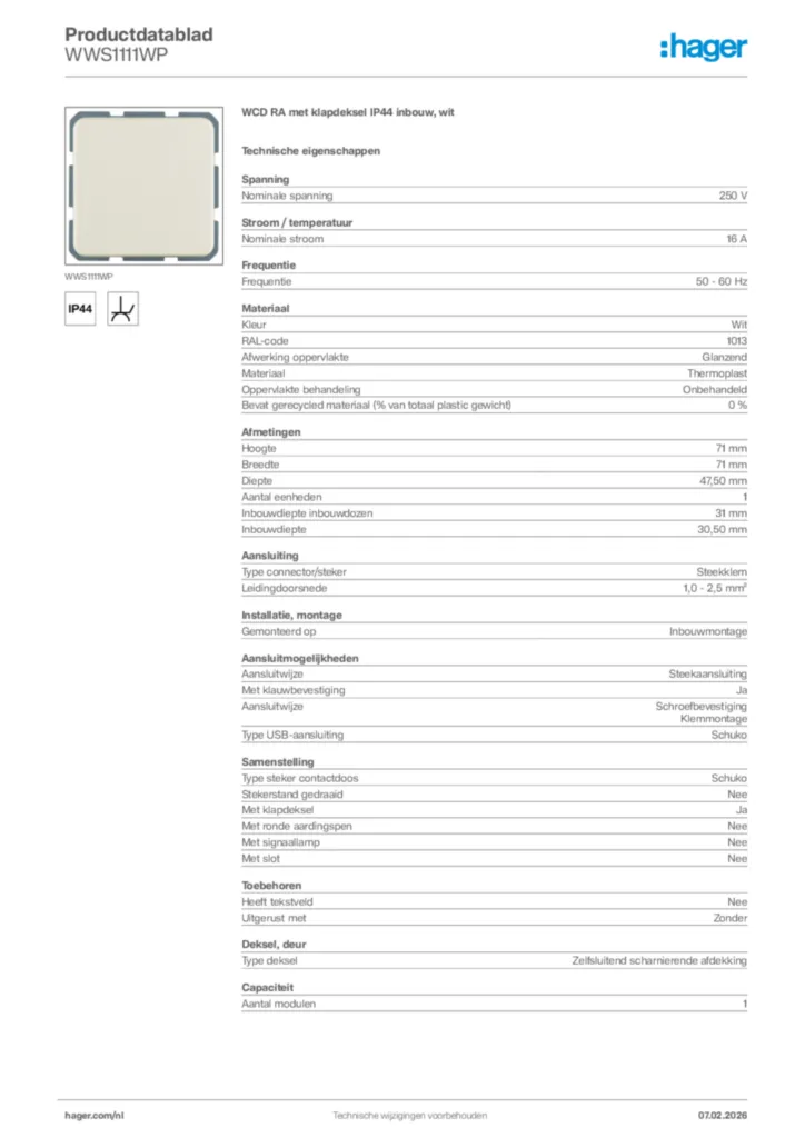 Afbeelding Hager Productdatablad WWS1111WP | Hager Nederland