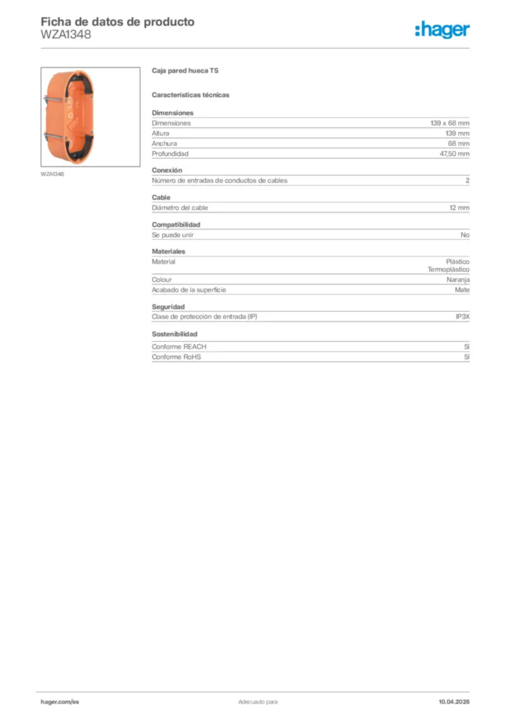 Imagen Hager Ficha de datos de producto WZA1348 | Hager España