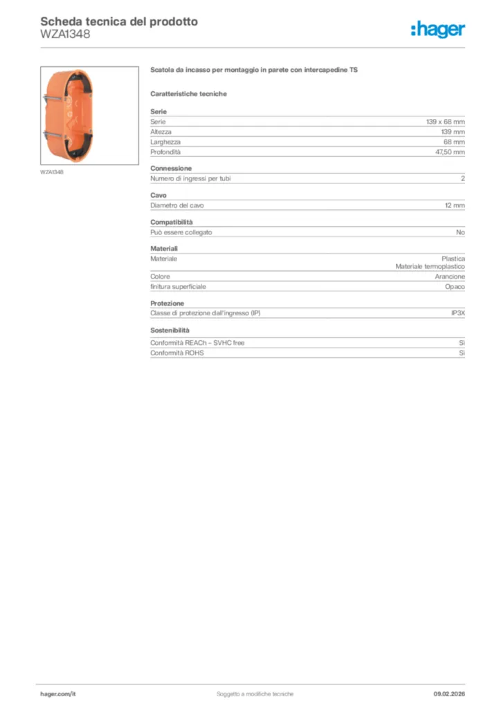 Immagine Hager Scheda tecnica del prodotto WZA1348 | Hager Italia