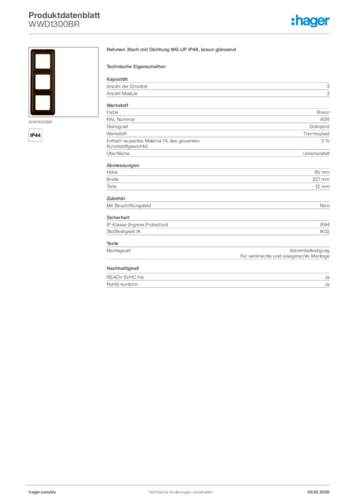 Bild Hager Produktdatenblatt WWD1300BR | Hager Deutschland