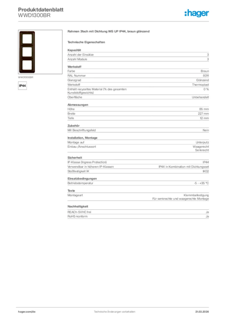 Bild Hager Produktdatenblatt WWD1300BR | Hager Deutschland