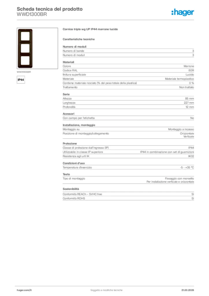Immagine Hager Scheda tecnica del prodotto WWD1300BR | Hager Italia