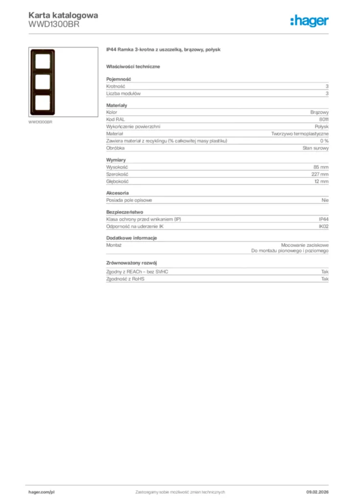 Zdjęcie Hager Karta katalogowa WWD1300BR | Hager Polska
