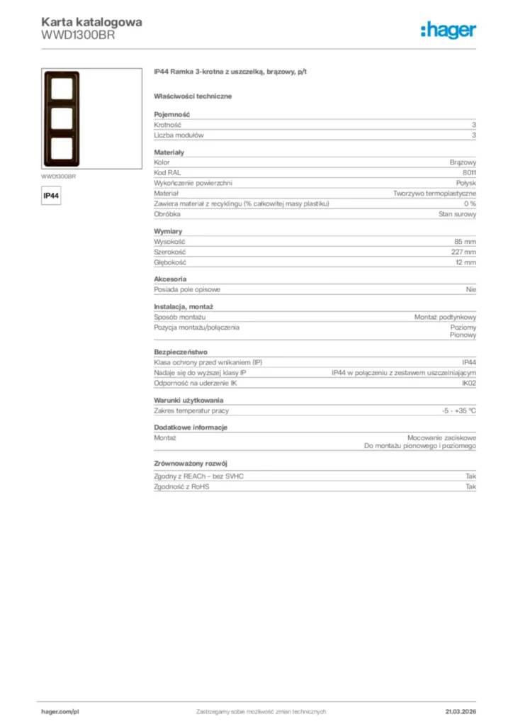 Zdjęcie Hager Karta katalogowa WWD1300BR | Hager Polska