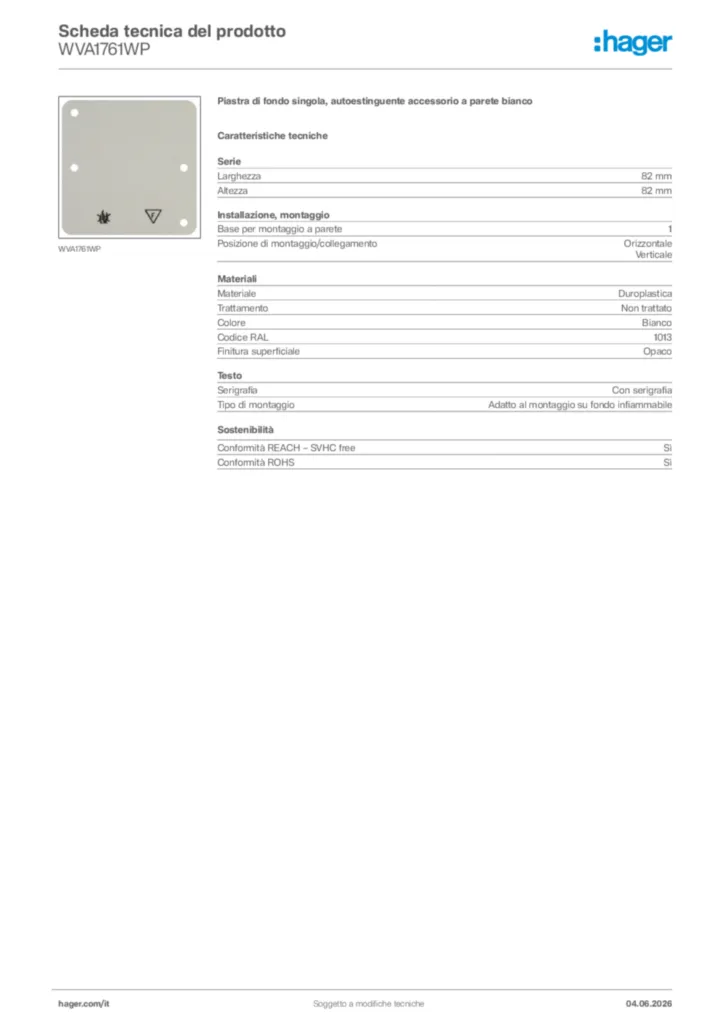 Immagine Hager Scheda tecnica del prodotto WVA1761WP | Hager Italia