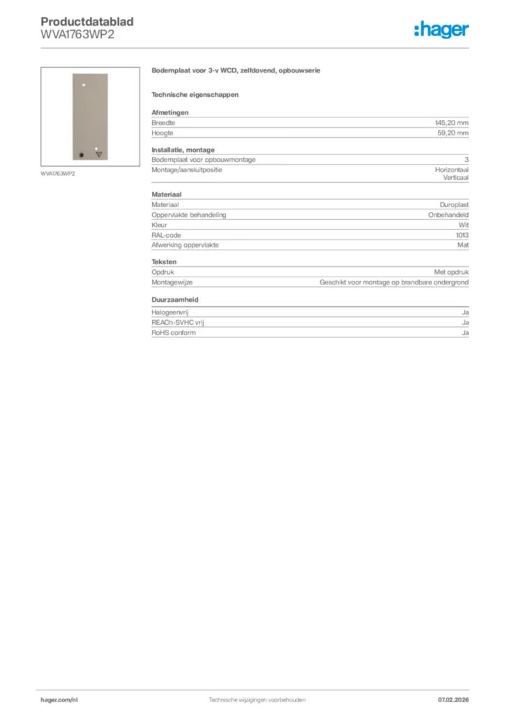 Afbeelding Hager Productdatablad WVA1763WP2 | Hager Nederland