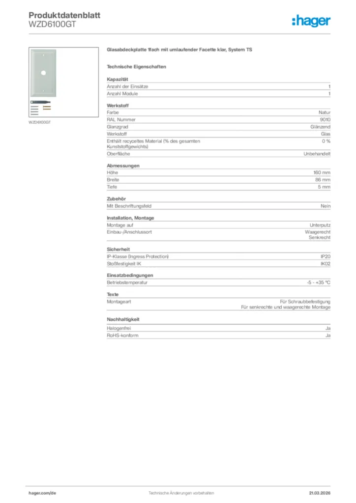 Bild Hager Produktdatenblatt WZD6100GT | Hager Deutschland