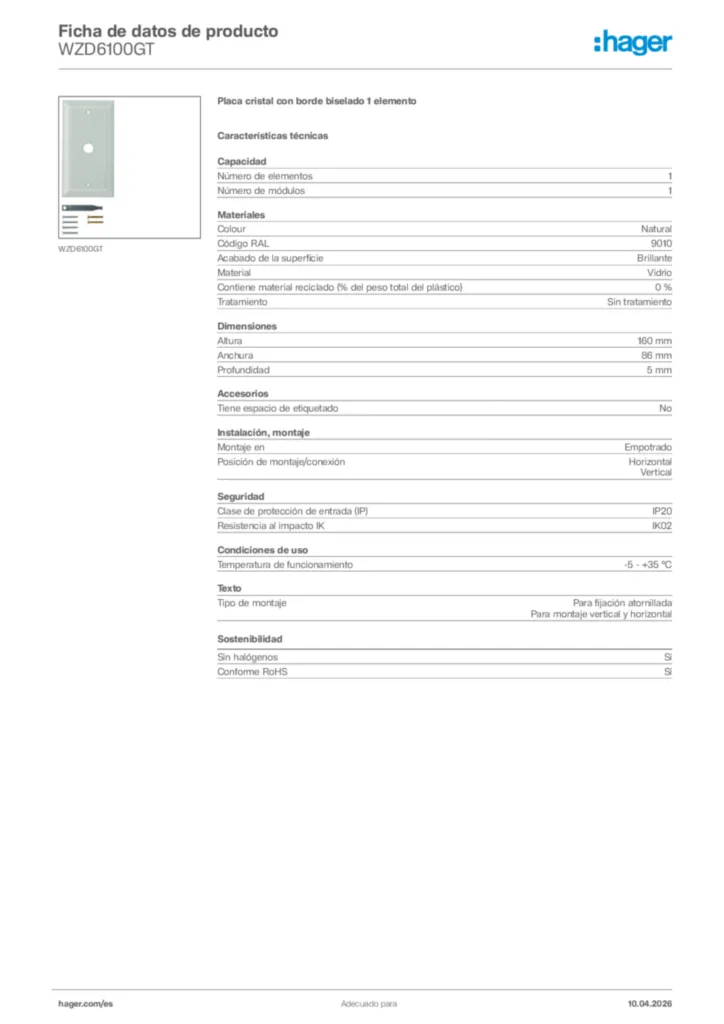 Imagen Hager Ficha de datos de producto WZD6100GT | Hager España