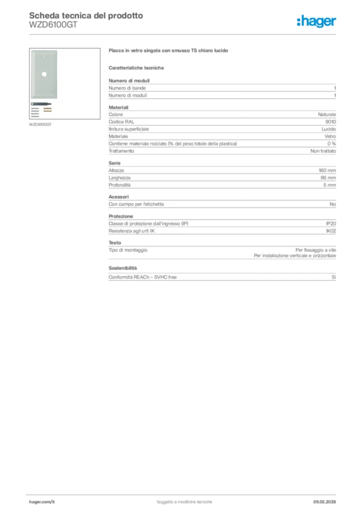 Immagine Hager Scheda tecnica del prodotto WZD6100GT | Hager Italia