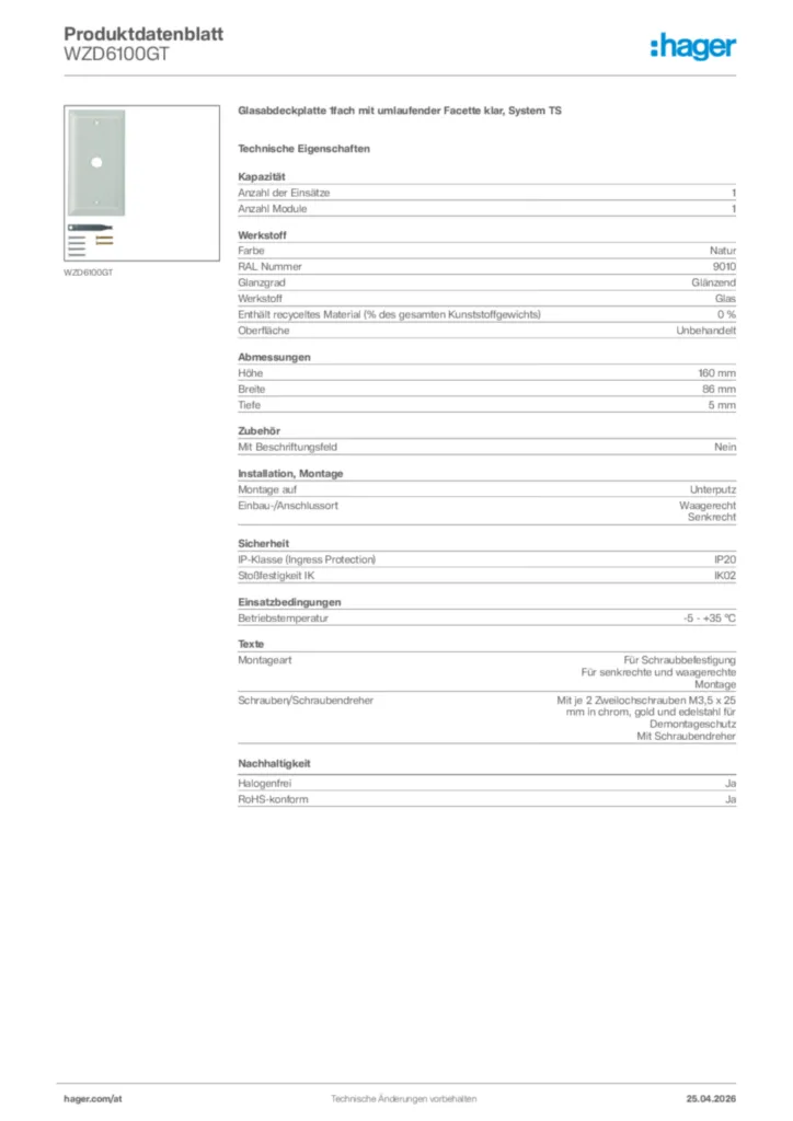 Bild Hager Produktdatenblatt WZD6100GT | Hager Deutschland