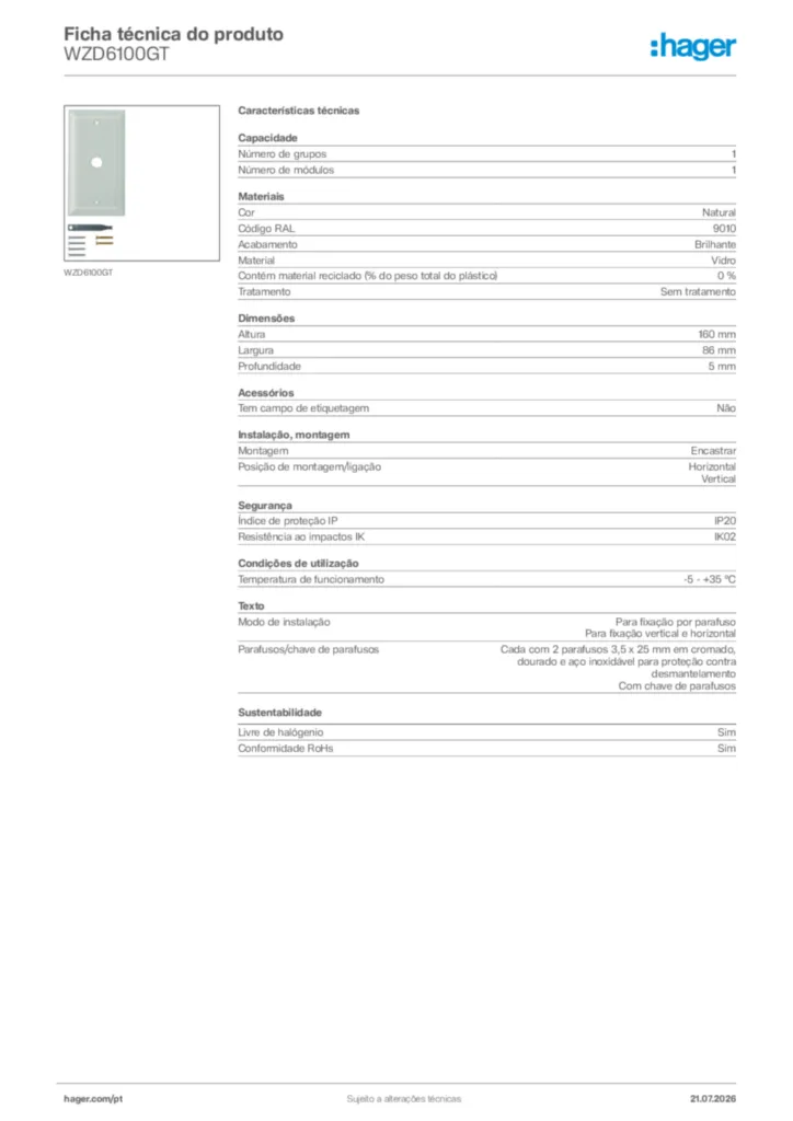 Imagem Hager Ficha técnica do produto WZD6100GT | Hager Portugal