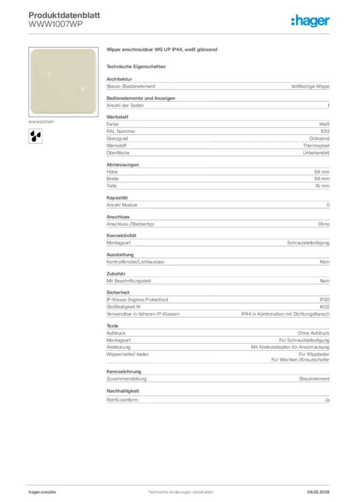 Bild Hager Produktdatenblatt WWW1007WP | Hager Deutschland