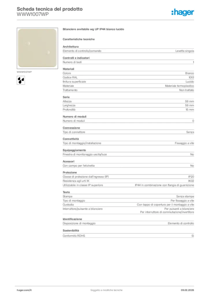 Immagine Hager Scheda tecnica del prodotto WWW1007WP | Hager Italia