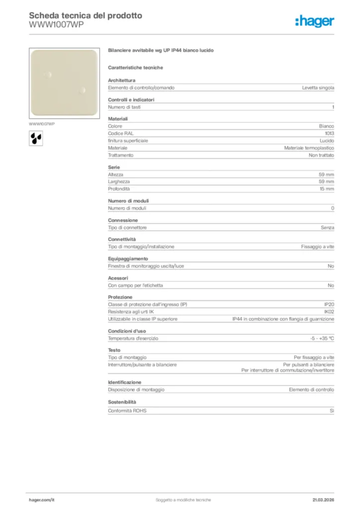 Immagine Hager Scheda tecnica del prodotto WWW1007WP | Hager Italia
