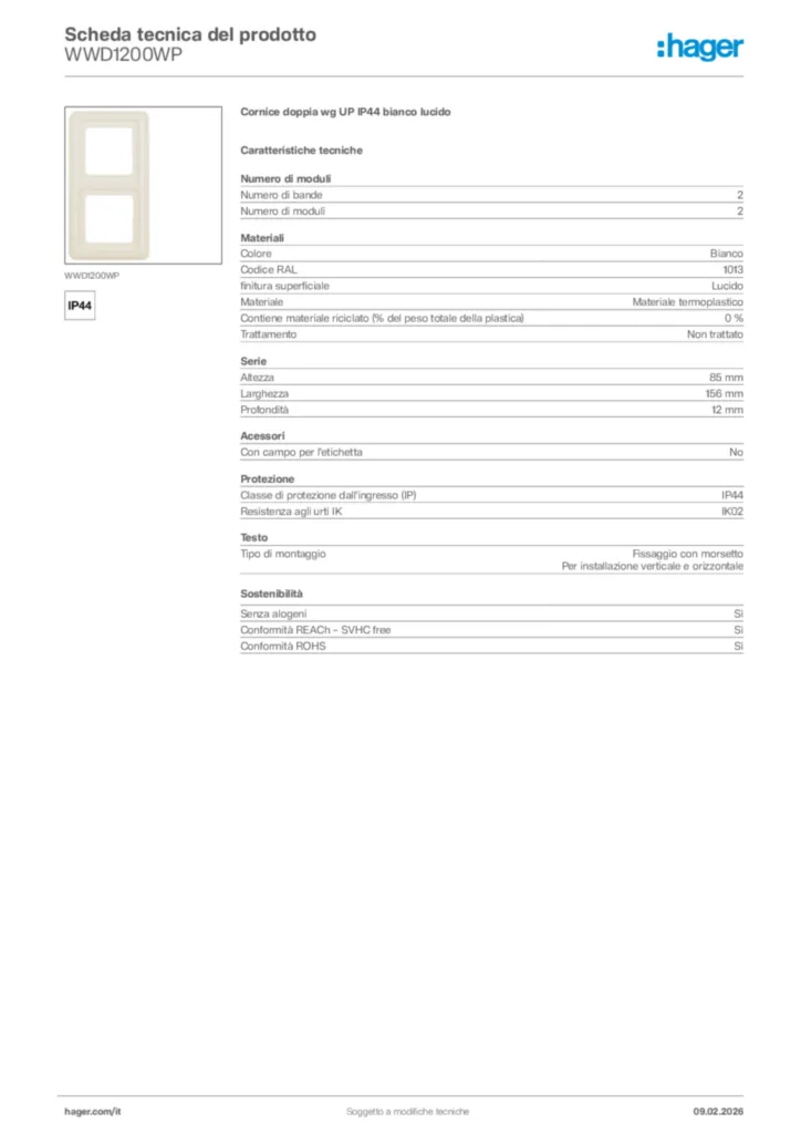 Immagine Hager Scheda tecnica del prodotto WWD1200WP | Hager Italia