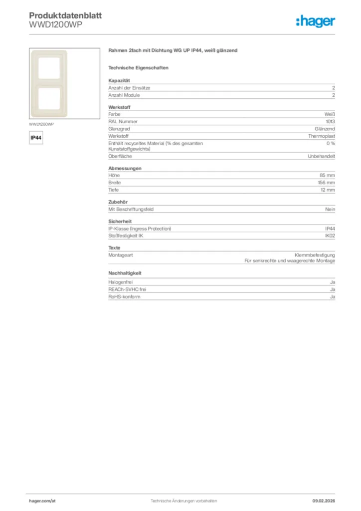 Bild Hager Produktdatenblatt WWD1200WP | Hager Deutschland