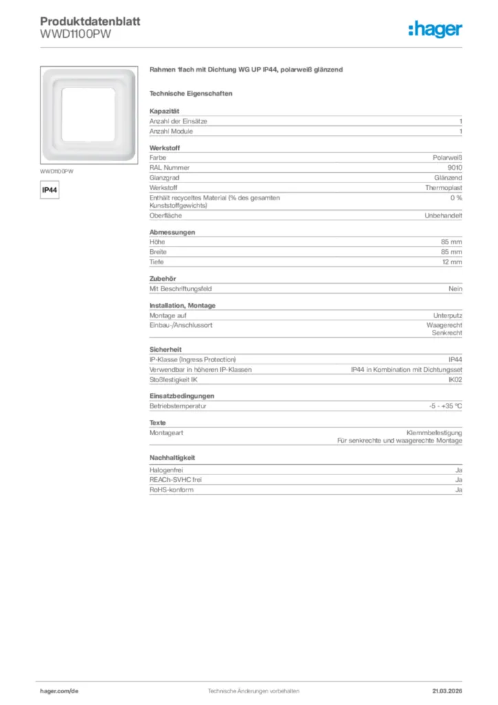 Bild Hager Produktdatenblatt WWD1100PW | Hager Deutschland