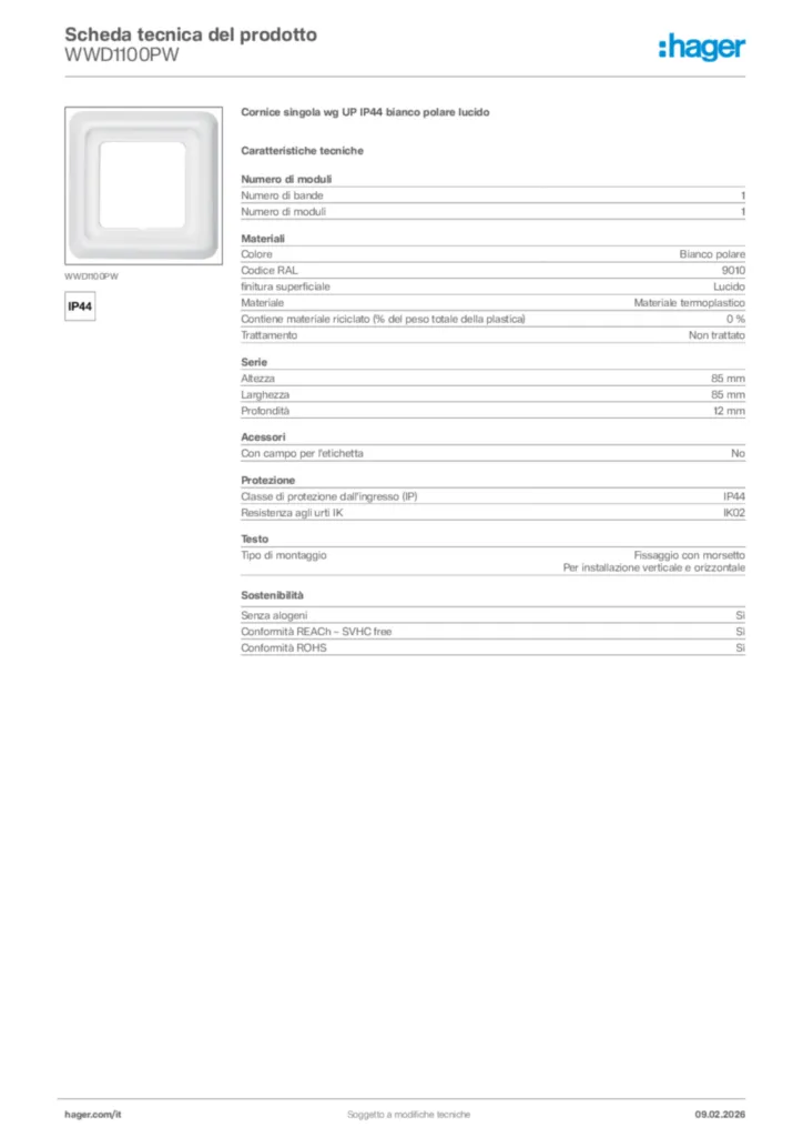 Immagine Hager Scheda tecnica del prodotto WWD1100PW | Hager Italia